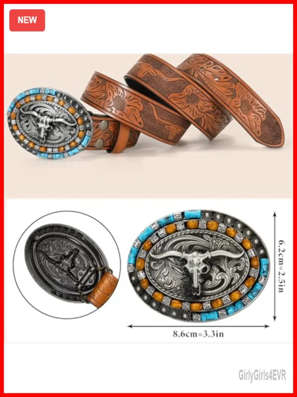 Vintage Turquoise Oval Buckle PU Leather Cowboy Belt for Women Western